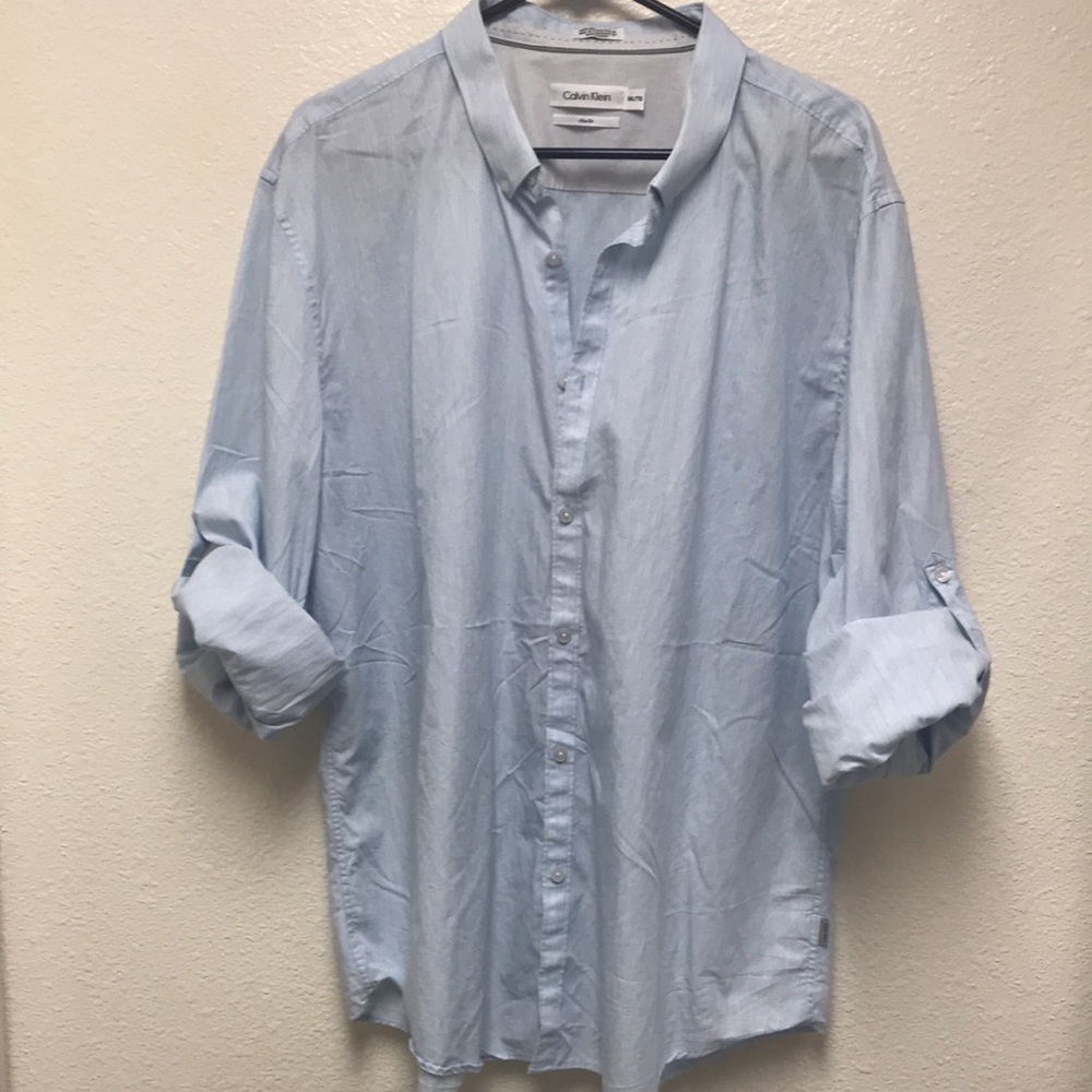 Calvin Klein Men’s Light Blue XXL SLIM Fit Roll Up Long Sleeve Button Down Shirt